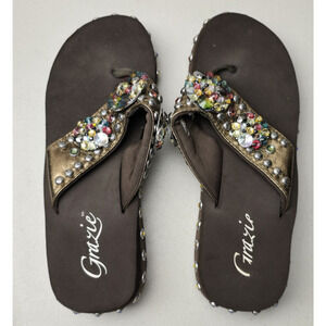 Grazie Women’s Brown Jeweled Wedge Sandals Flip Flops Rhinestone Shoes Size 9